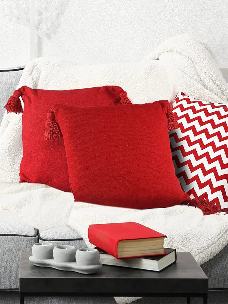 SASHAA WORLD 100% Cotton Cushion Covers with Tassels/Decorative Throw Pillow Set of 2 