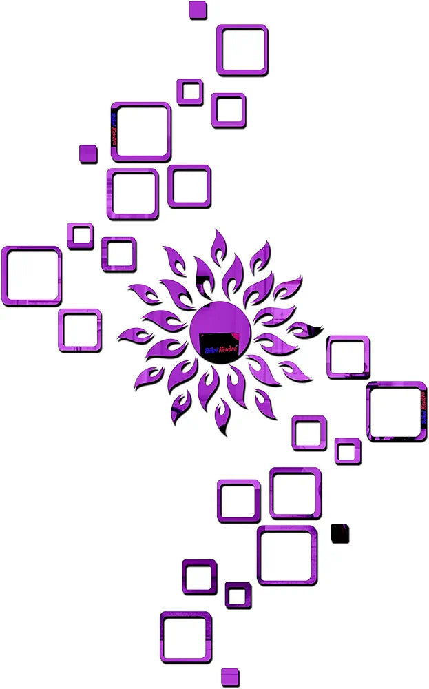 Bikri Kendra Glass Art Bk116, Sun Purple With Square Purple 4 Set - 3D Acrylic Mirror Stickers For Wall-Self-Adhesive