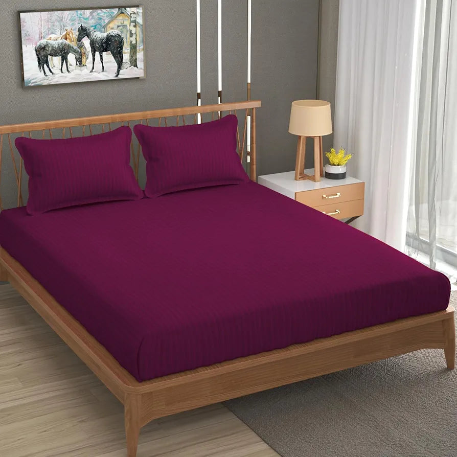 Homefab India 160 TC Stripe Cotton Feel Glace Cotton Elastic Fitted King Size Double Bed Bedsheet with 2 Pillow Covers Fits Upto 6 inches Mattress, Size-72X78 inches, Dark Pink