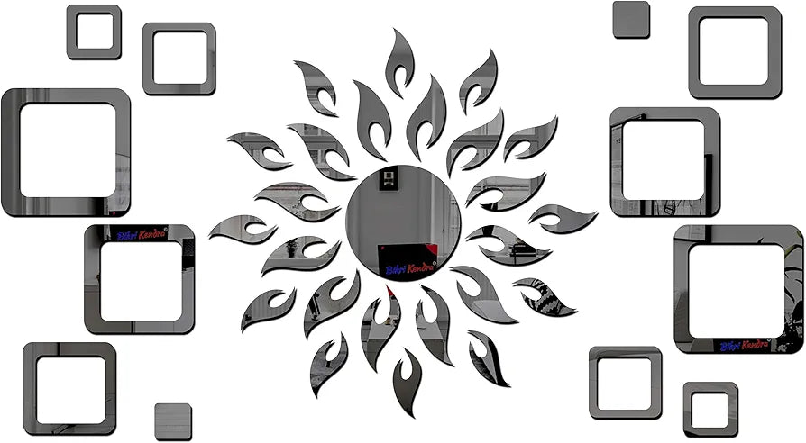 Bikri Kendra - Art BK78, Sun Black with Square Black 2 Set - 3D Acrylic Mirror Stickers for Wall Self-Adhesive