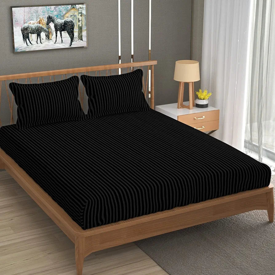 Homefab India 160 TC Stripe Cotton Feel Glace Cotton Elastic Fitted King Size Double Bed Bedsheet with 2 Pillow Covers Fits Upto 6 inches Mattress, Size-72X78 inches, Black