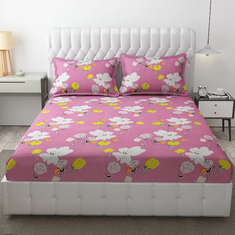 FRESH FROM LOOM Elastic Fitted Floral Bed Sheets|Bed Covers For Mattresses Tuck In|Soft Glace Cotton Fitted Bedsheet King Size Bed With Two Pillow Cover,144 TC