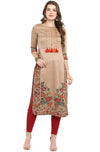 Janasya Women's Beige Poly Silk Floral Print Straight Kurta