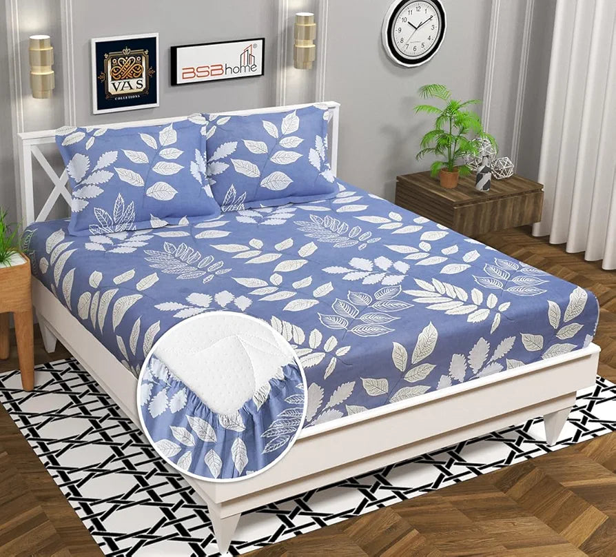 Premium Cotton 160tc Elastic Fitted Bedsheets with 2 Pillow Covers | Double Bed with Corner Elastic Wrinkelfree Supersoft Floral Pattren Breathable |Size-72 x 68 + 6 inches | Sky Blue & White