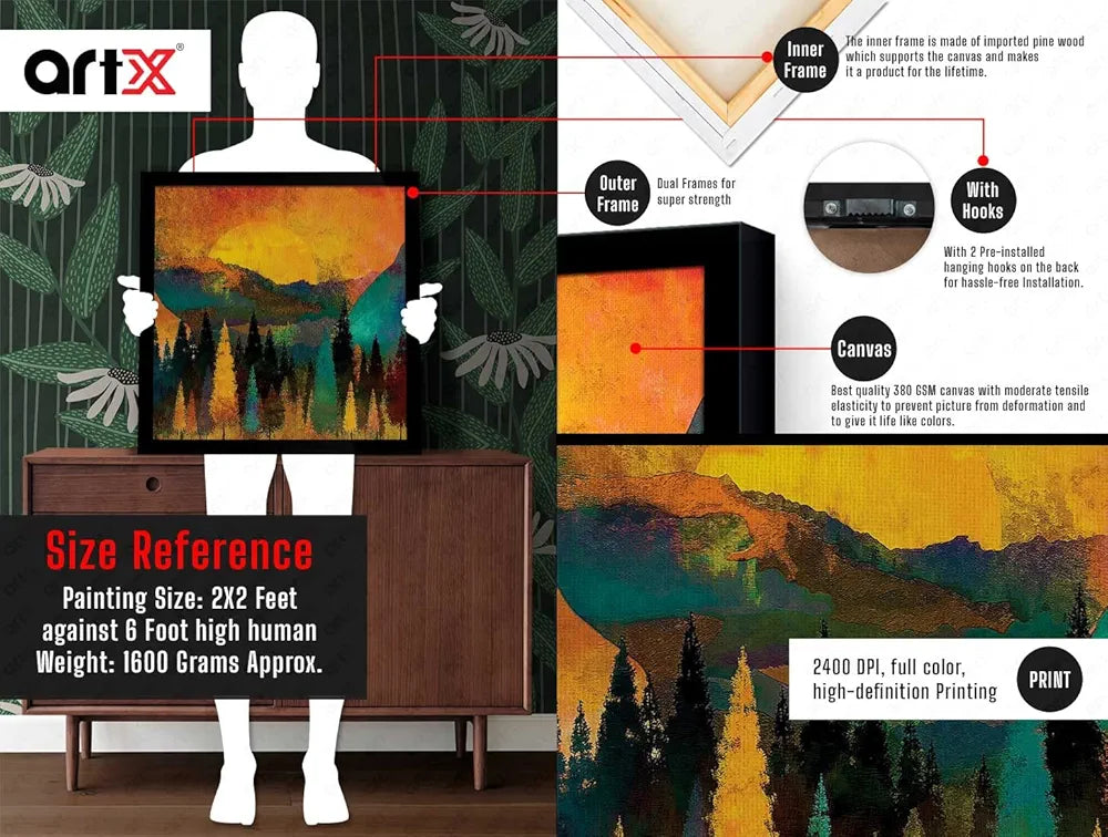 ArtX Forest Tree Sunset Big Canvas Painting For Bedroom and Living Room With Frame, Multicolour, Square, 24.0 x 24.0 inch, 2x2 Feet, Set Of 1