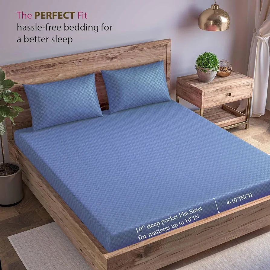 Trance Home Linen 300TC Pure 100% Cotton Queen Size Jacquard Weave Fitted Bedsheet with 2 Pillow Covers - 