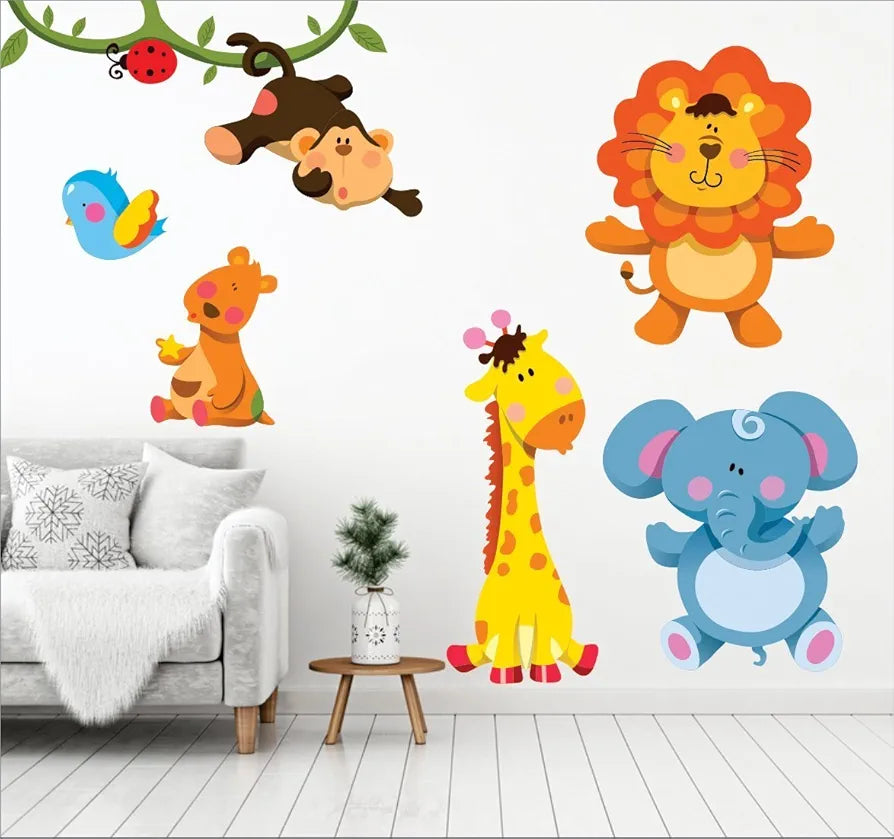 Vinyl Wall Sticker Animated Lion Giraffe Elephant Animals Sticker for Kids Bedroom Play School 