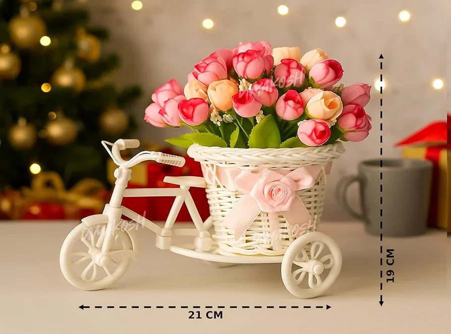 Divyakosh Artificial Peony Bunches Flower Basket with Decorative Tricycle Planter | Pink & Peach Faux Flowers with Wicker Basket | Home Decor, Table Centerpiece, Gifting