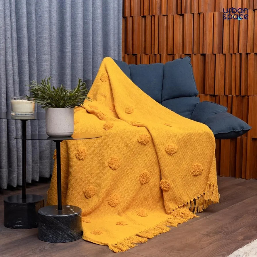 Urban Space Handmade Pure Cotton Sofa Throw Blanket, Soft Decorative Throw for Living Room, Sofa, Chair and Couch, Reversible and Breathable Throw with Tassels 