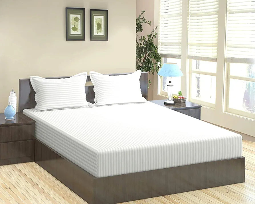 Trance Home Linen 100% Cotton 75x60 inch 200TC Satin Stripe Elastic Fitted Bedsheet | Daily Use Double Bed Fitted Bedspread with 2 Pillow Covers 