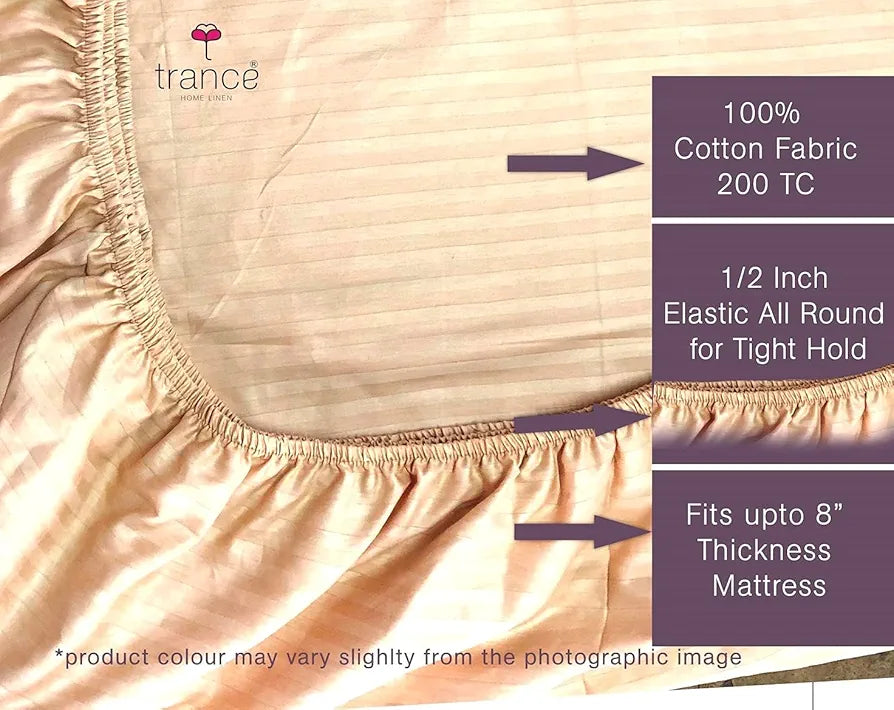 Trance Home Linen 100% Cotton 78x60 inch Queen Fitted 200TC Satin Stripe Elastic Fitted Bedsheet | Daily Use Double Bed Fitted Bedspread with 2 Pillow Covers 