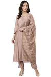 Janasya Women's Dusty Rose Viscose Blend Embroidered Kurta with Pant