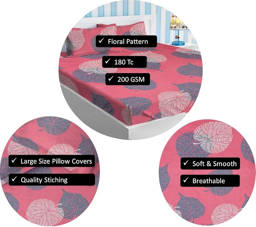 Premium Cotton Elastic Fitted Bedsheets with 2 King Size Pillow Covers Double Bed with All Around Elastic Supersoft Size - 72 x 78 +10 inches Floral Pattren Pink and Grey 200 tc - 220 tc