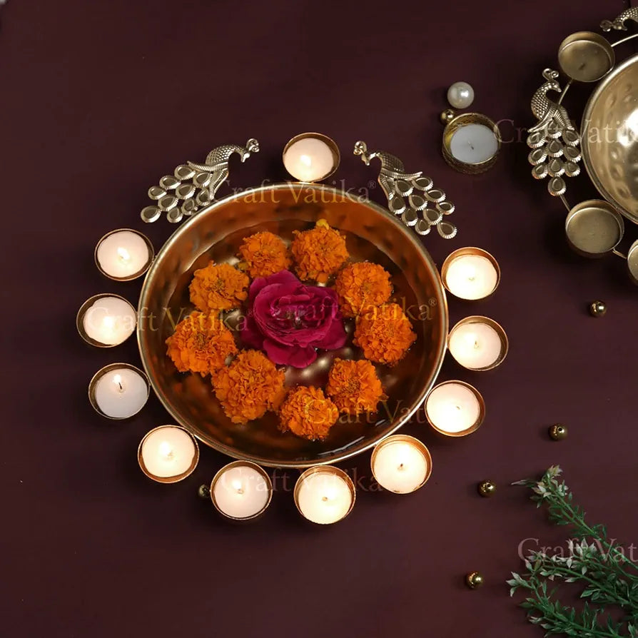 CraftVatika Urli Bowl Set for Diwali Decoration Items for Home Decor Festivals, Handmade Metal Decorative Urli Bowl Diya for Floating Flowers Tealight Candles, Diwali Decor Gifting Items