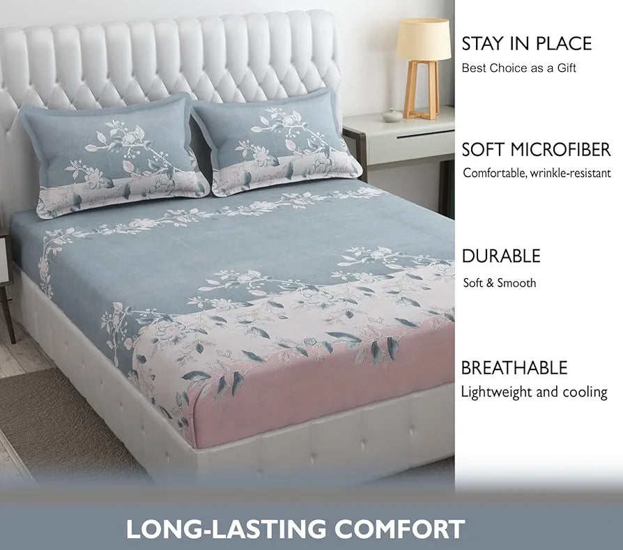 Fresh From Loom King Size Floral Print Microfiber Bedsheet Set - 240 TC, Anti Fade, Includes 2 Pillow Cover 