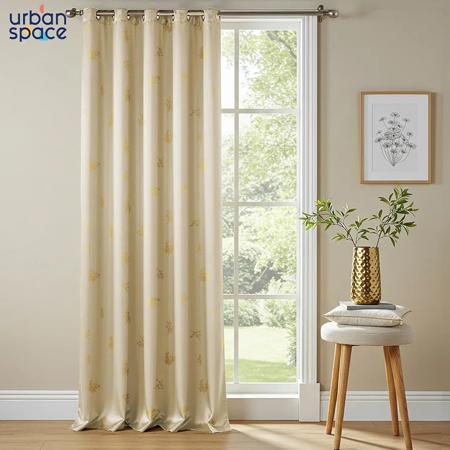 Urban Space Blackout Curtains for Living Room, Gold Foil Printed Luxurious 100% Blackout Decorative Door Curtain Eyelet with Tieback, 1 Piece 