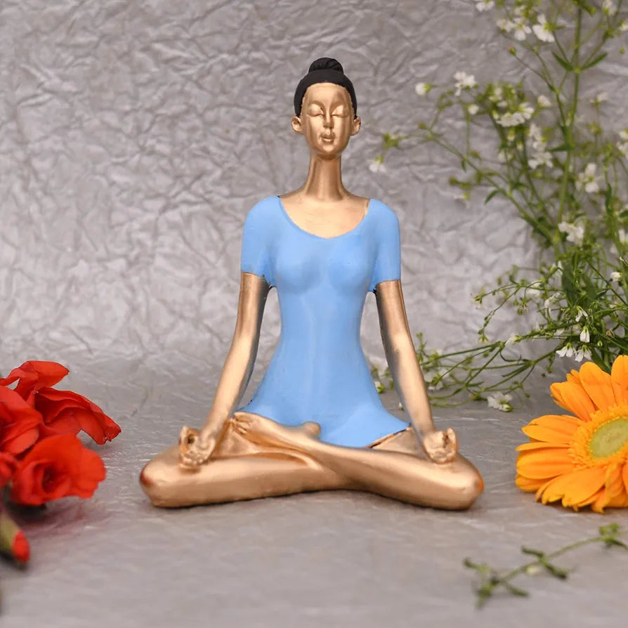 JAIPUR ACE Yoga Lady Polyresin Face Gold Blue Themed Statue Sculptures Creative Abstract Design Art Figurine for Home Decor, Living Room Decorative Display Showpiece for Gifting, Interiors