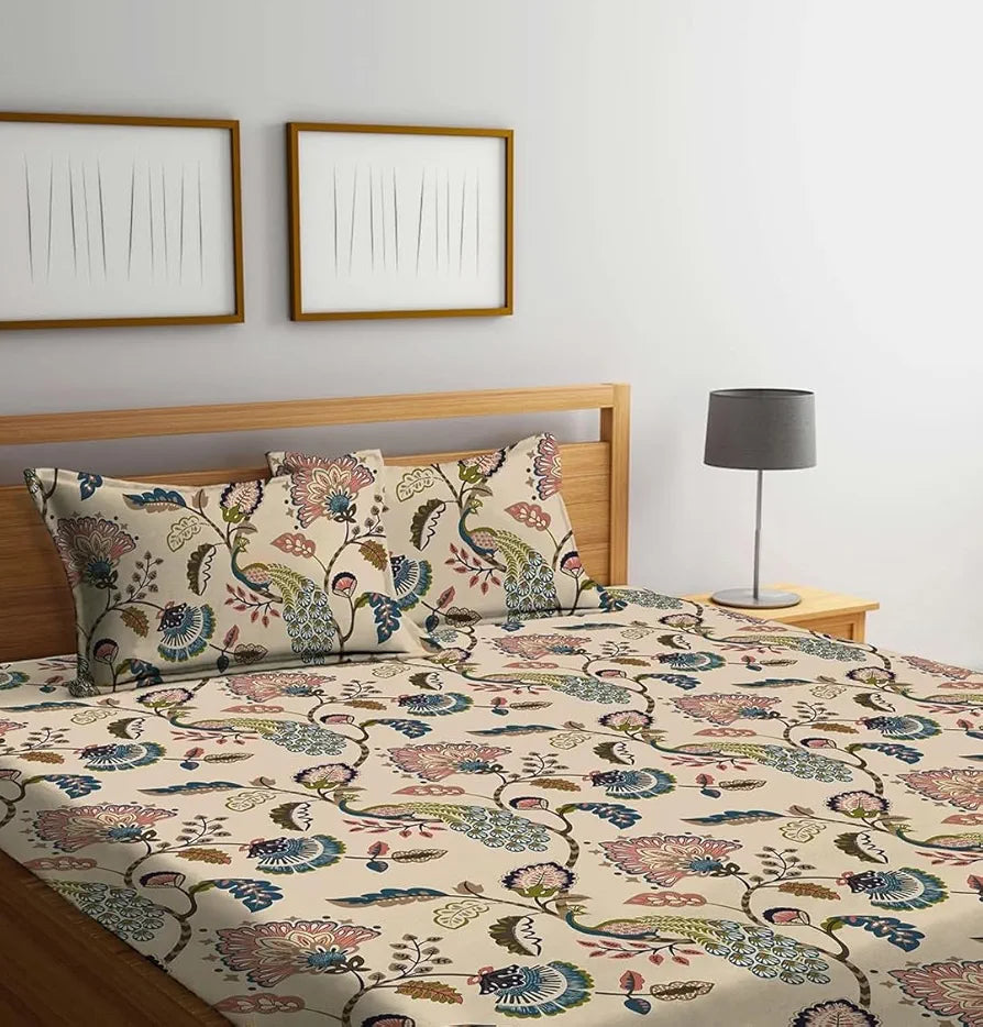 THE HOME STYLE Supersoft Cotton King Size Printed Flat Double Bedsheet wih 2 Pillow Cover II 400 TC, 90