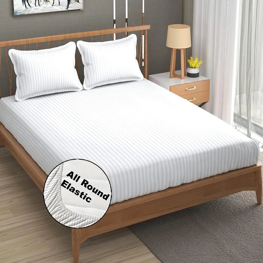 FRESH FROM LOOM 240 TC Satin Striped Soft Bed Covers for Mattresses Tuck in King Size Bed with Two Pillow Cover|Elastic Bedsheet 