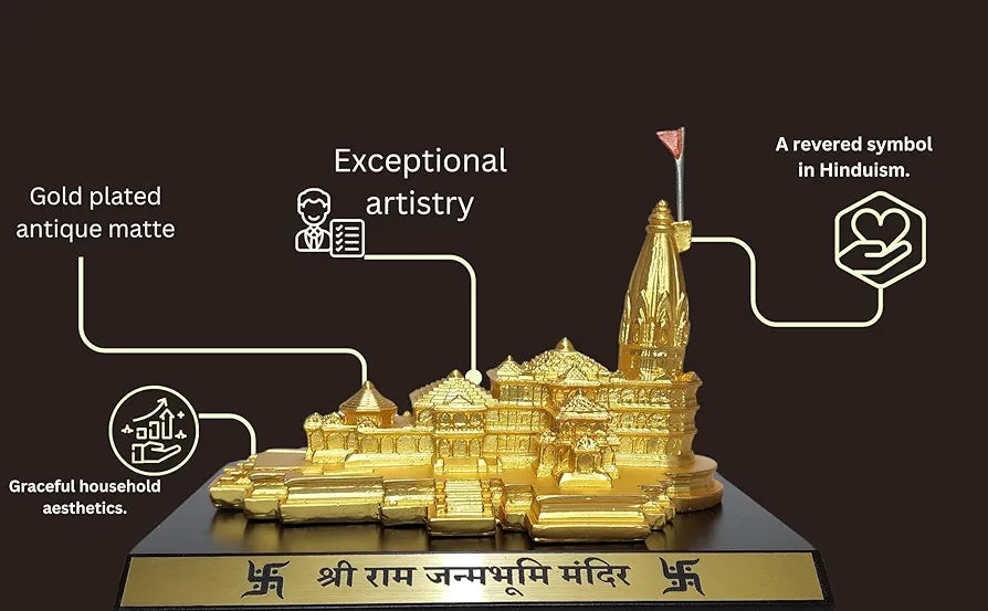 Gold Art India Ram Mandir Ayodhya Gold Plated Matte 24 Karat - Minature for Gifting, Puja Room, Office Desk, Home Decor 