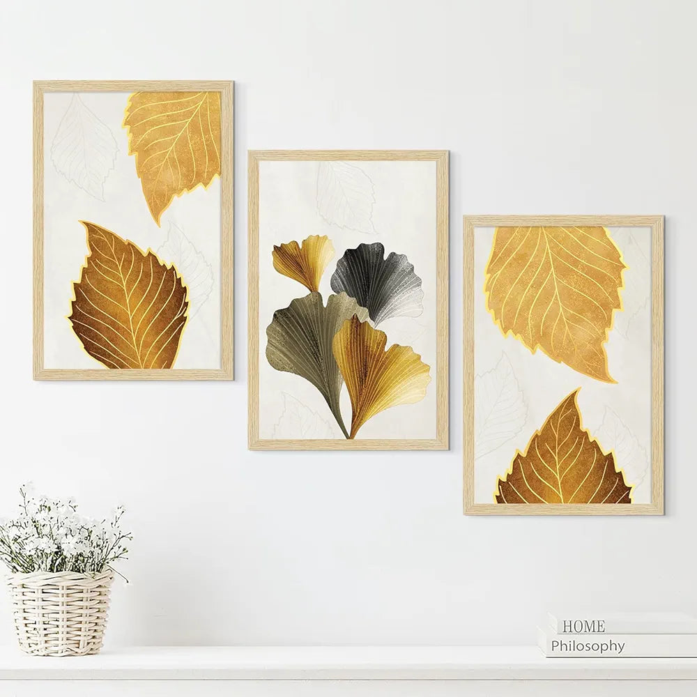 ArtX Paper Modern Art Wall Painting For Living Room,Drawing Room Decoration Big Size, Leaves Framed Painting for Wall Decoration, Mordern Wall Decor For Bedroom,Multicolor, 36.0 x 18.0 inches,Set Of 3
