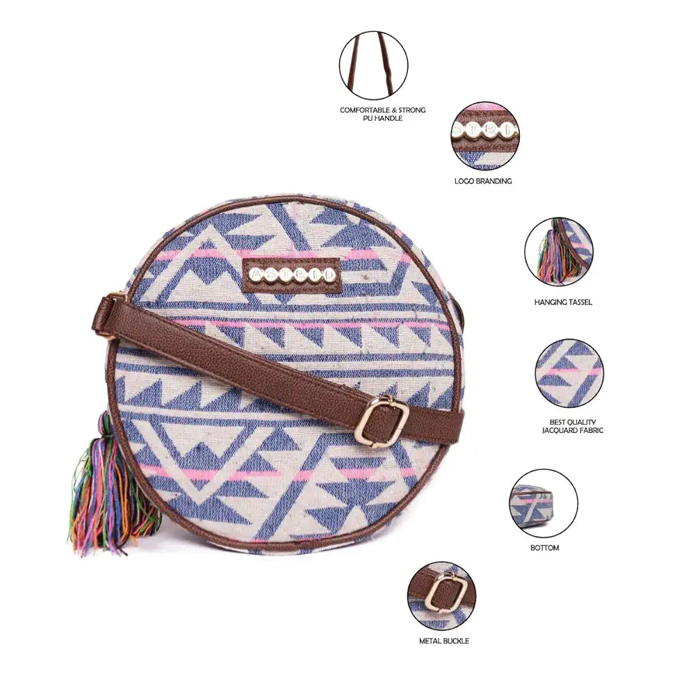 ASTRID Round Sling Bag With Pompoms For Girls And Women