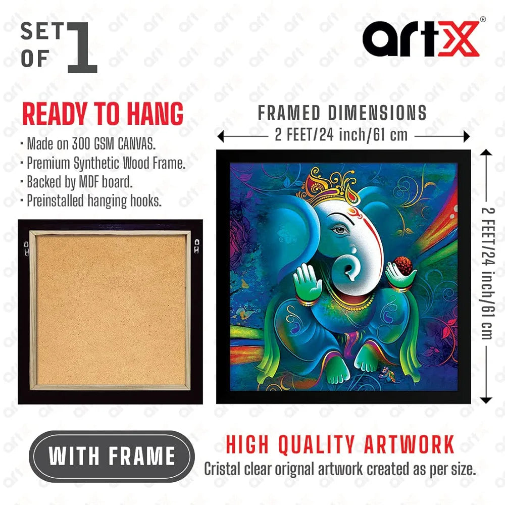 ArtX Ganesh Ji Big Canvas Painting With Frame, Multicolour, Square, 24.0 x 24.0 inch, 2x2 Feet, Set Of 1