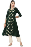 Janasya Women's Bottle Green Crepe Foil Printed A-Line Kurta