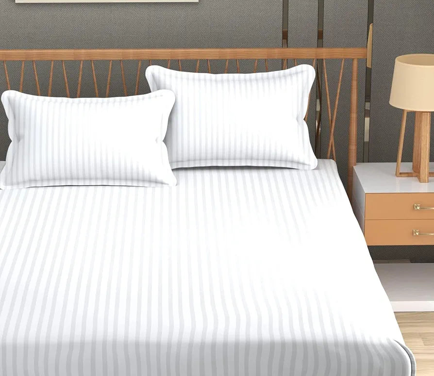 FRESH FROM LOOM 300 TC Microfiber Wrinkle Resistant|Soft Skin Safe|Breathable Queen Size Flat Striped Bedsheets|All Season Soft Fabric|Double Bedsheet Set with 2 Pillow Covers 