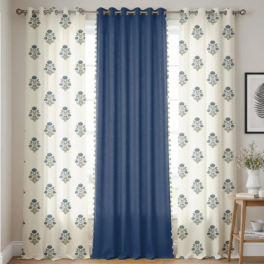 Urban Space 100% Cotton Curtains for Door, Combo Set of 3 Curtains 7 feet Long, 60-65% Room Darkening Curtain, Tieback & Eyelets Included with Curtains for Home Decor 