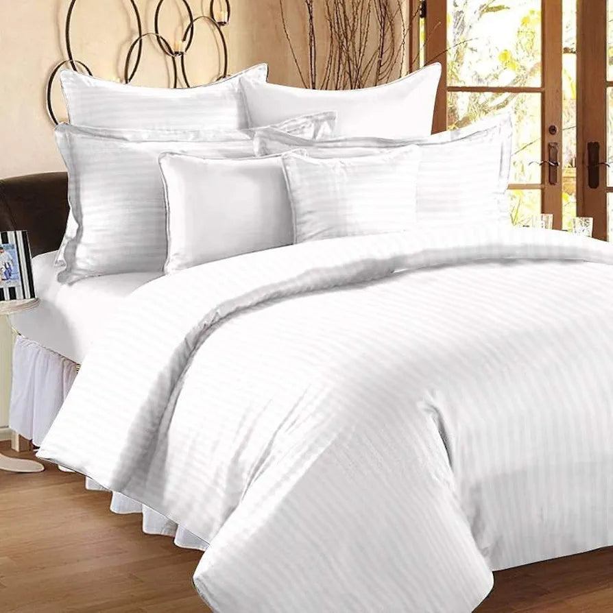 Microfiber Flat Double Bed Bedsheet| Plain Striped Cotton Bedsheet with 2 Pillow Covers for King Size Bed| Supersoft 340 TC| Breathable| Size: 90x100 inch| White Color