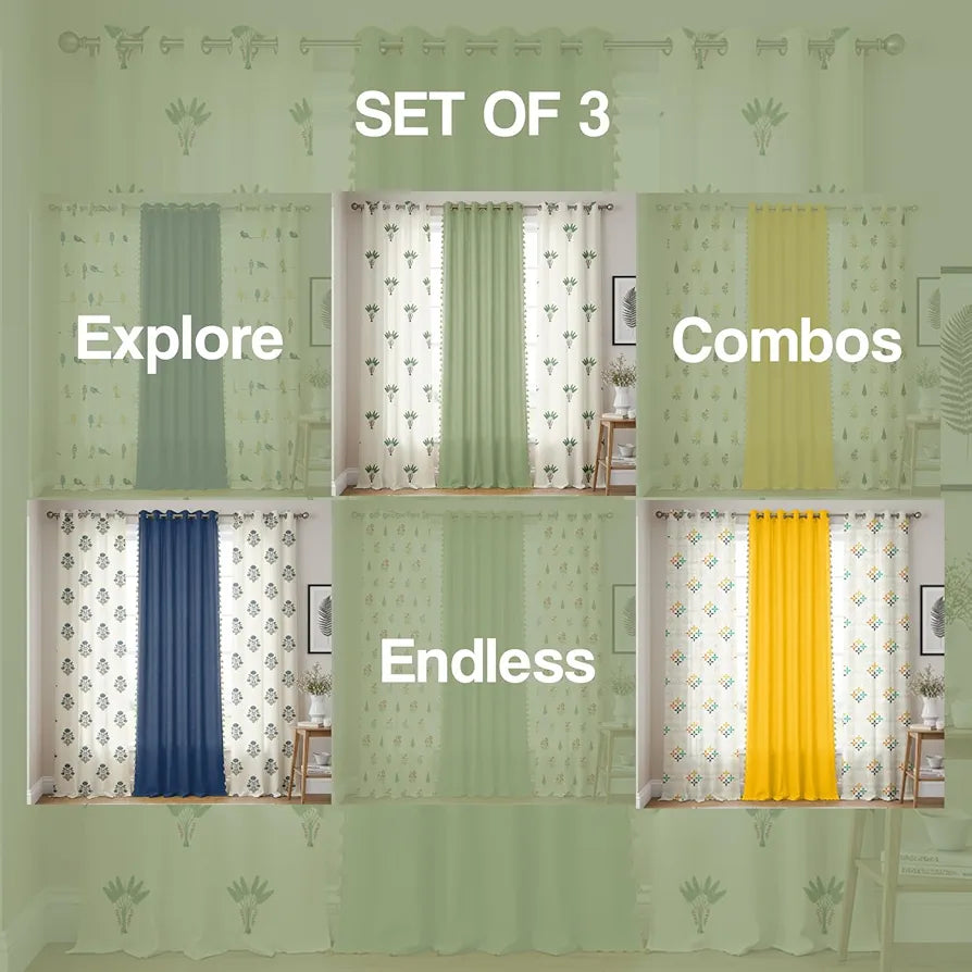 Urban Space 100% Cotton Curtains for Door, Combo Set of 3 Curtains 7 feet Long, 60-65% Room Darkening Curtain, Tieback & Eyelets Included with Curtains for Home Decor 