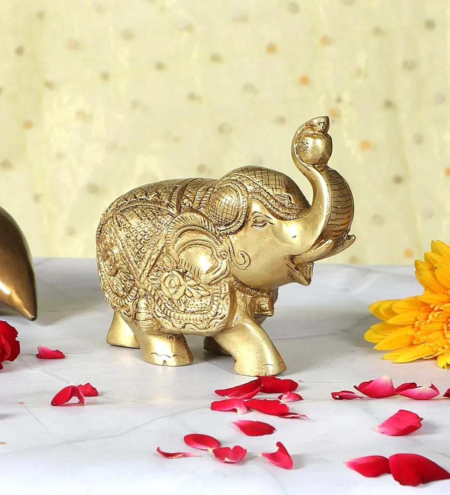 Two Moustaches Maharaja Elephant Design Brass Showpiece, Brass Showpieces for Home Decor, Elephant Idol, Housewarming Gifts, Antique Yellow, 