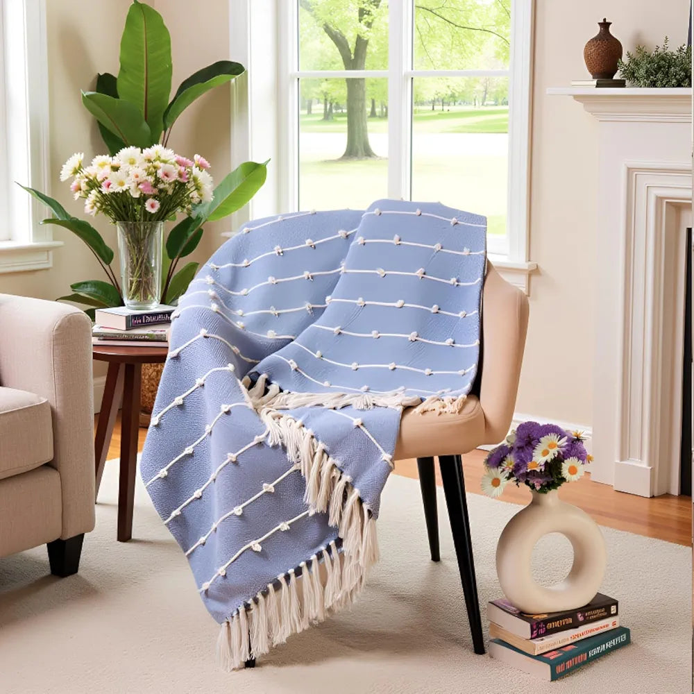 SAJAVAT HOME Hand-Knitted Pure Cotton 3 Seater Sofa Throw | 80x52 Inches/204x132 Cm | Blue Throw for Sofa, Bed, Chair & Travel - Ideal for All Season | Pack of 1