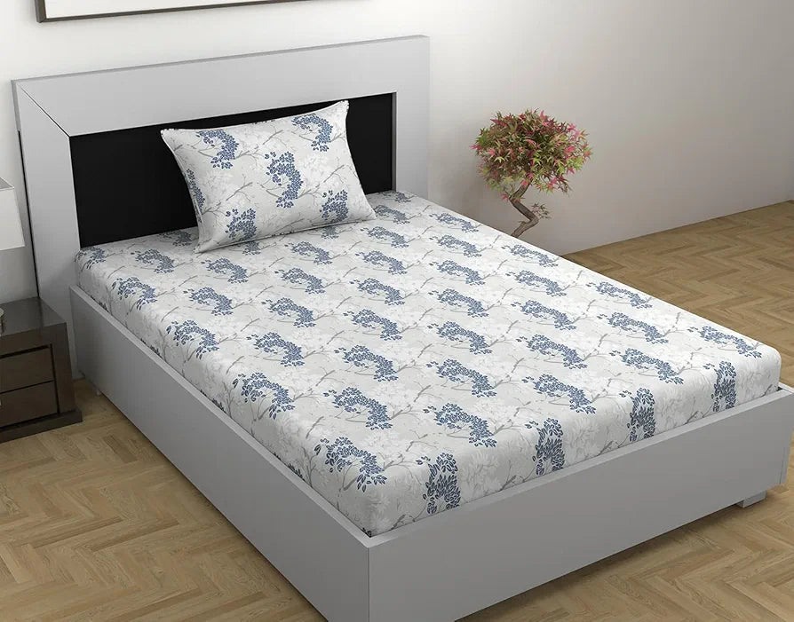 Divine Casa 144 TC Pure Cotton Single Bedsheet with 1 Pillow Cover | Skin-Friendly Fabric for Everyday Comfort | 223 X 145 CM | Floral Pattern | Grey Blue