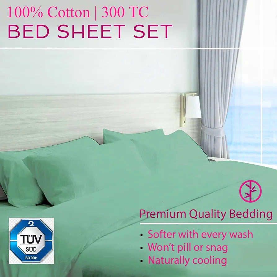 Trance Home Linen Premium 300 TC Pure 100% Cotton King Fitted Bedsheet with 2 Pillow Printed Covers 