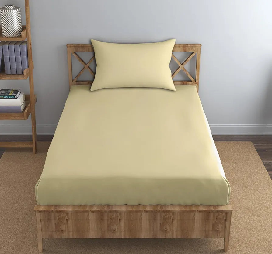 Trance Home Linen Premium 300 TC Pure 100% Cotton Single Size Fitted Bedsheet with 1 Pillow Cover 