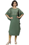 Janasya Women's Green Poly Crepe Printed Kaftan