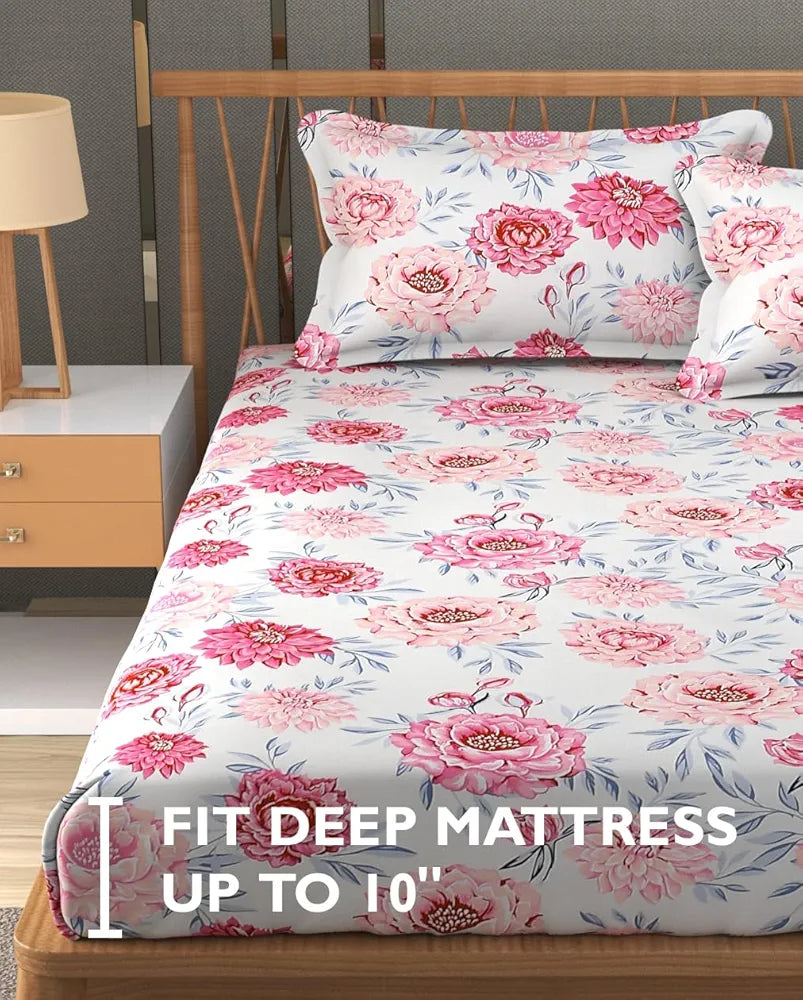 FRESH FROM LOOM Floral Print 240 TC King Size Microfiber Fitted Bedsheet Set - Soft & Anti Fade, 2 Pillow Covers Included  | Rose-Offwhite)