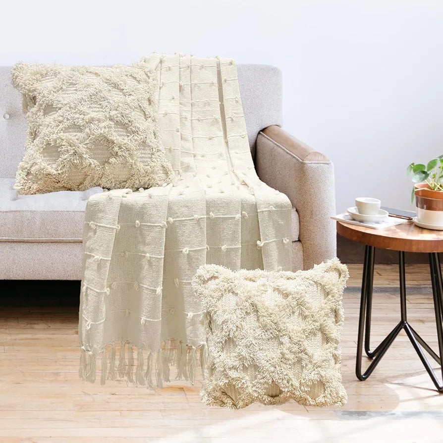 SAJAVAT HOME Pure Cotton 3 Seater Sofa Throw | 80x52 Inches  | Beige Throw with 2 Cream Cushion Cover for Sofa, Bed, Chair & Travel | Pack of 1