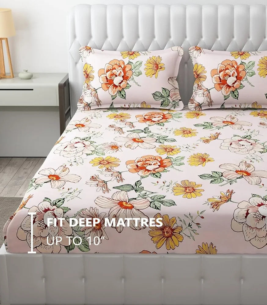 FRESH FROM LOOM Elastic Fitted Floral Bed Sheets | Bed Covers for Mattresses Tuck in | King Size Soft Glace Cotton Fitted Bedsheet with Two Pillow Cover | , 144 TC
