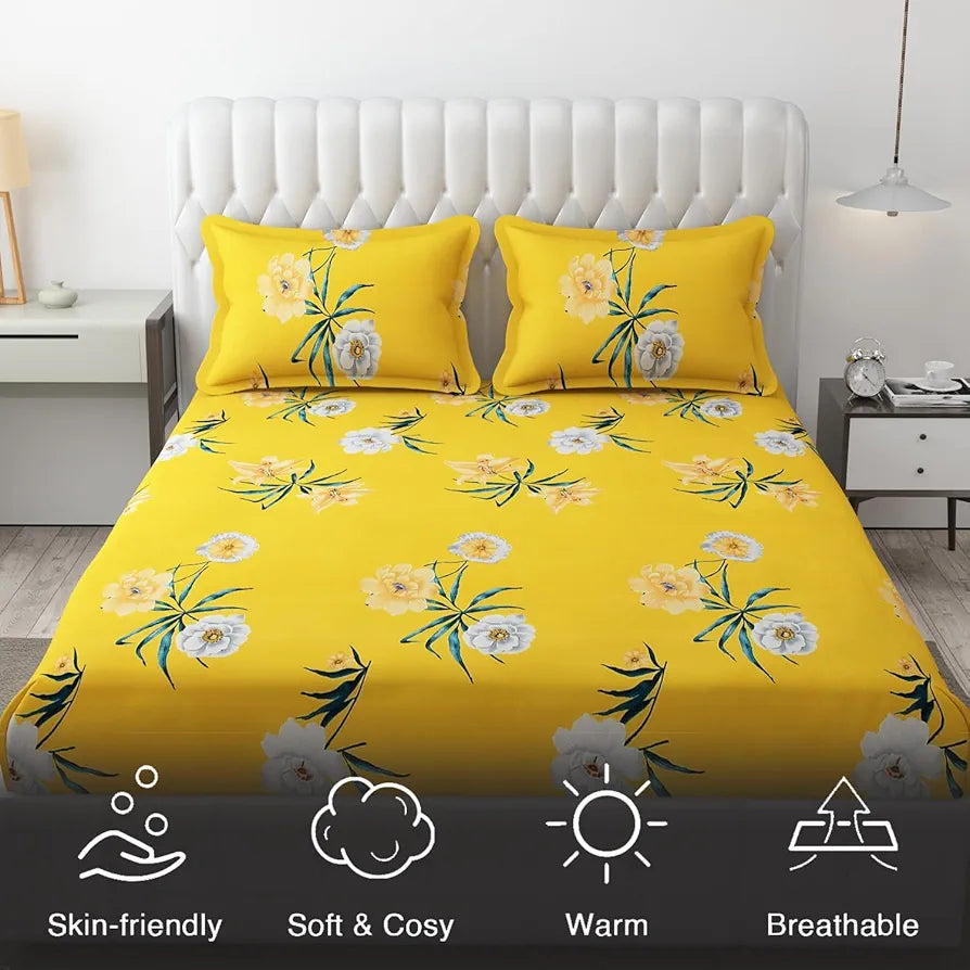 FRESH FROM LOOM Double Bed Floral Design Microfiber King Bedsheet|Hypo-Allergenic Bedsheets/Bedcover|Wrinkle Free|Includes 2 Pillow Covers 144 TC 
