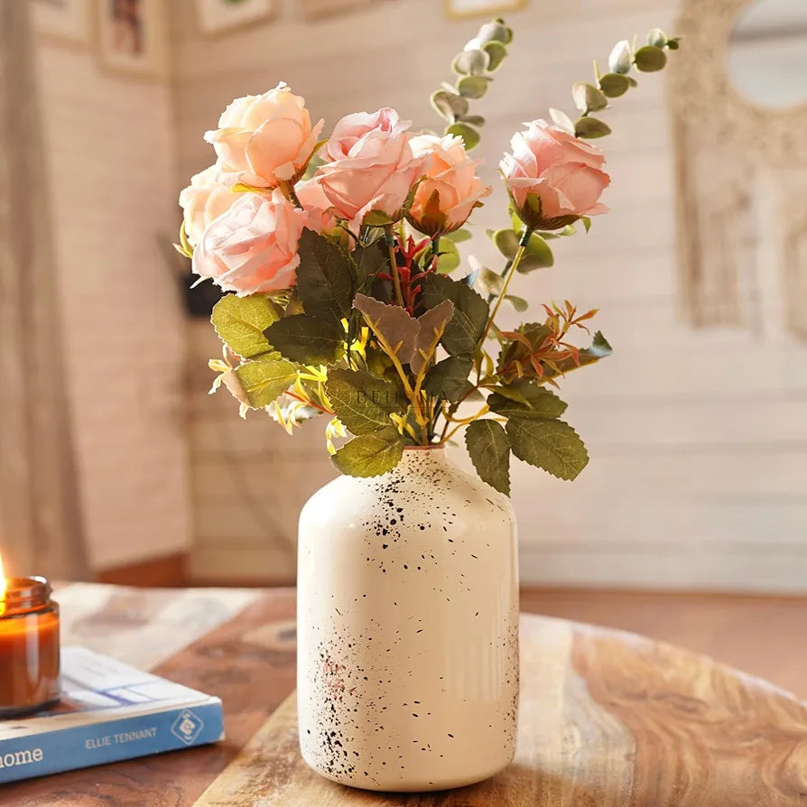Behoma Metal Flower Vase for Home Decor Items for Living Room Bedroom Drawing Room Accessories Dried Flower Vase Marriage Gifts for Couples Off White Spotted