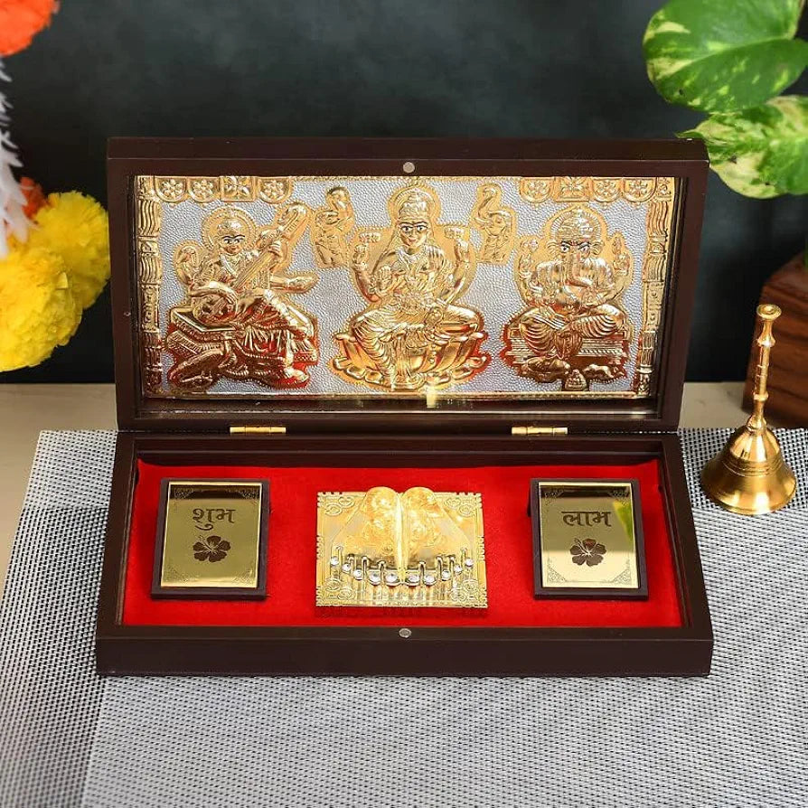 JAIPUR ACE Gold Plated Laxmi Ganesh Saraswati Charan Paduka Yantra | Devotional Prayer Box | Wooden Momento Decorative Showpiece Box Packing | Diwali Gifting Charan Paduka
