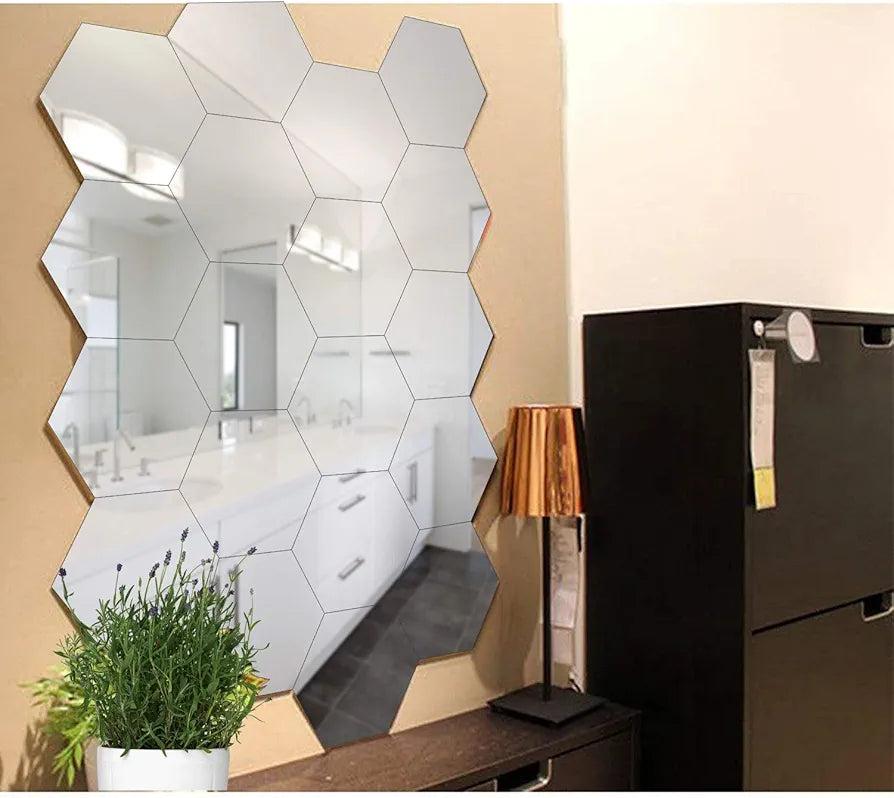 Bikri Kendra - 20 Hexagon Butterfly Silver Stickers for Wall, Mirror Stickers, 3D Acrylic Stickers Hexagon Wall Stickers