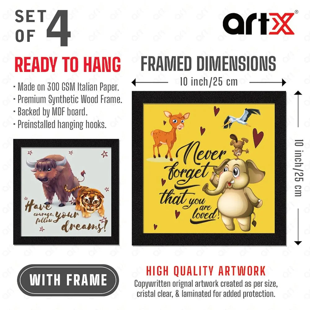 ArtX Set of 4 Cartoons Animals Kids Room Wall Art Painting, Framed Paintings 20 X 20 inches, 10 X 10 each, Multicolor, Synthetic Wood, Set Of 4 Wall Art 
