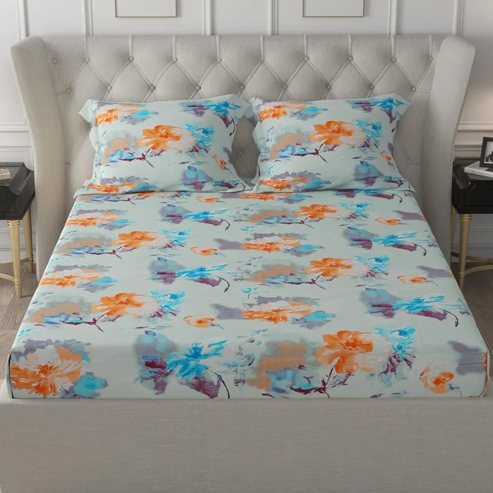 Cloth Fusion Glace Cotton Elastic Fitted Bedsheet for Double Bed King Size with 2 Pillow Covers, Soft Wrinkle Free Elastic Bedsheets for King Size Bed 