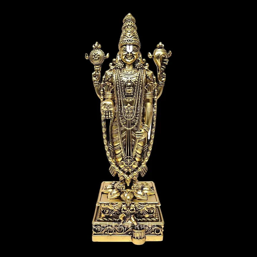 Gold Art India Lord Tirupati Balaji Gold Plated Matte Idol with Garuda for Car Dashboard | Vishnu Ji Idol for Office Desk | Venkateswara Swamy Murti for Home | Srinivasa Statue for Mandir 