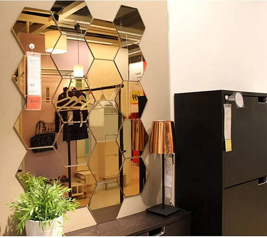 Bikri Kendra Glass - 20 Hexagon With 20 Butterfly Golden Wall Stickers 3D Acrylic Stickers Mirror Stickers, Set Of 20 