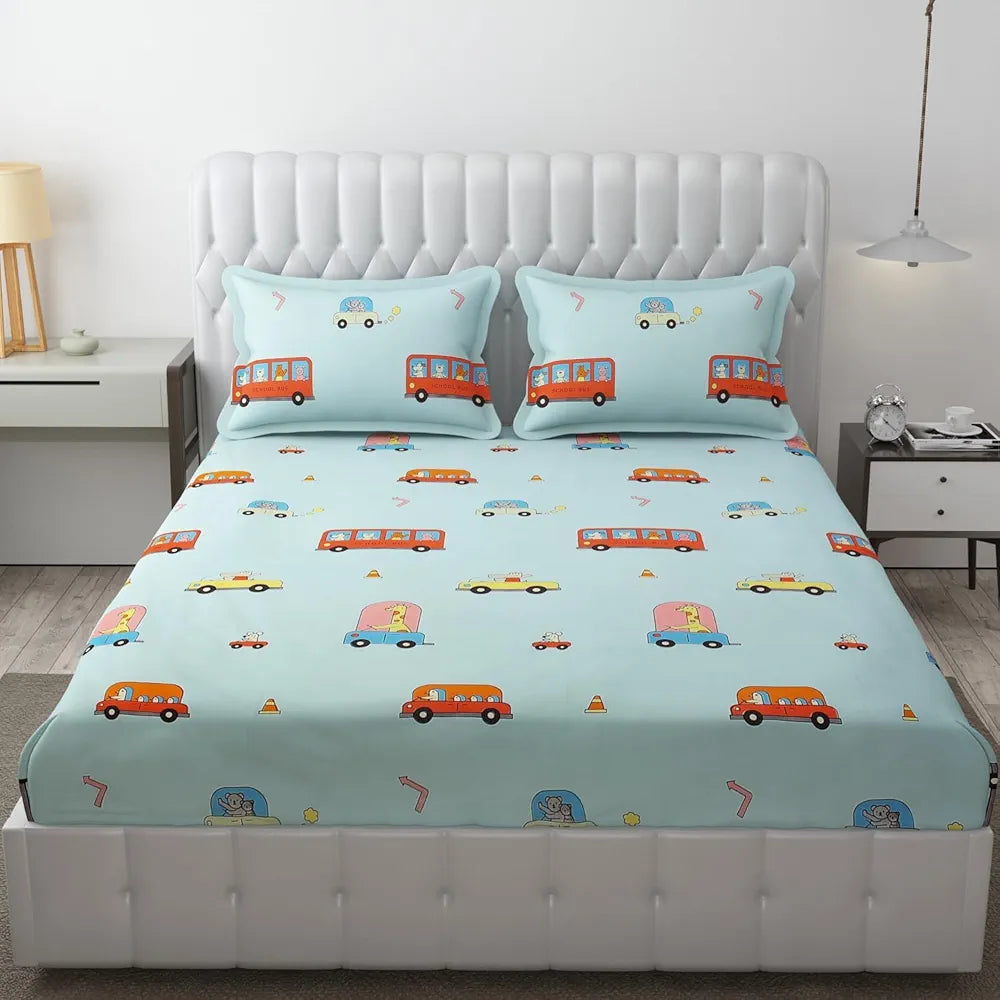FRESH FROM LOOM 300 TC Glace Cotton Soft Hypoallergenic Elastic Fitted Bed Sheet with 2 Pillow Cover|Cartoon Printed|Kids Bedsheet |Aqua/Bus), queen